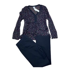 Mimi Maternity Two Piece Set Women L Black Polka Dot Shirt And‎ Black Pants NWT